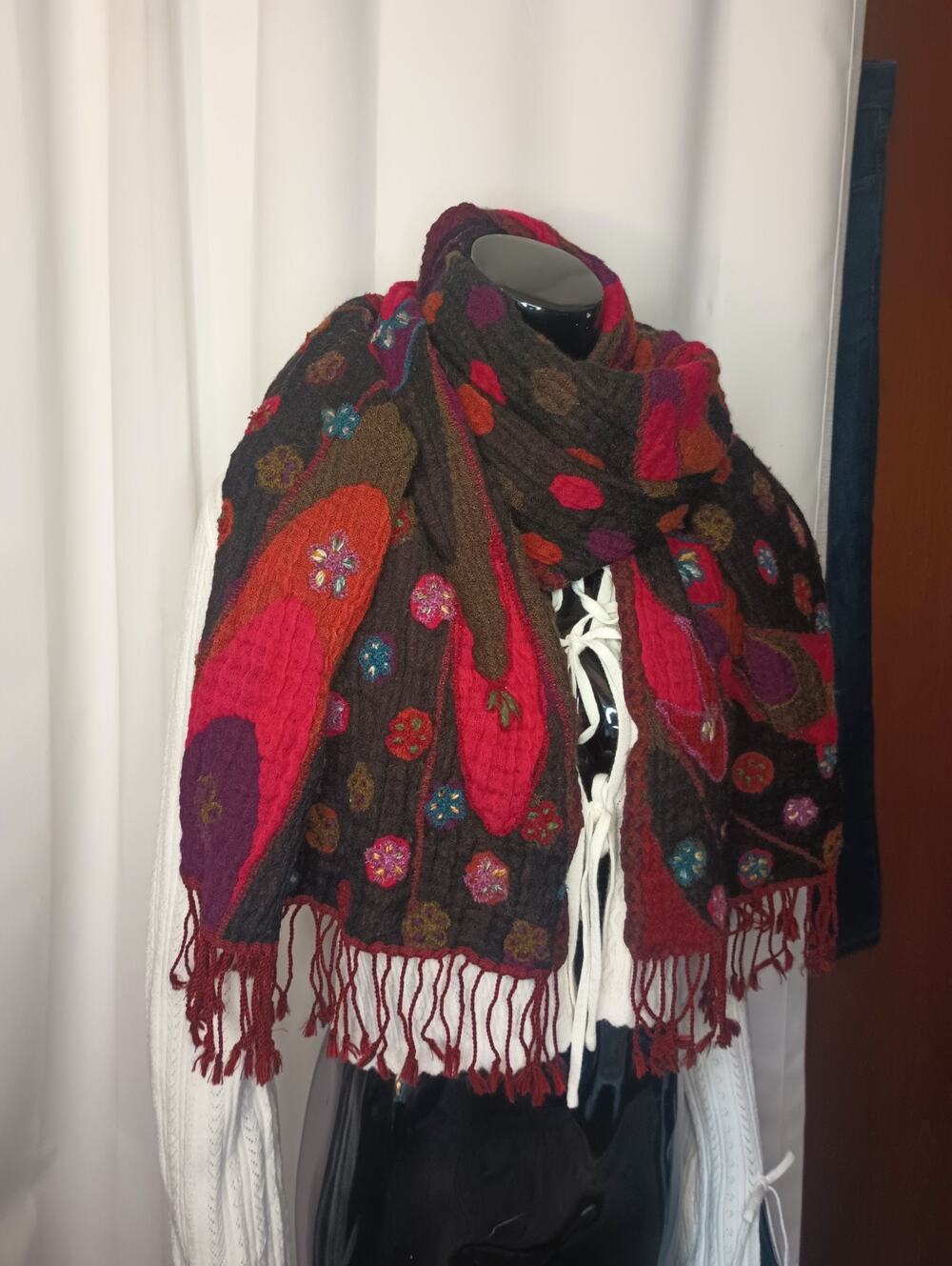 Womens Indie Boho Colorful Shawl Scarf Wool Fringe Hippie Festival Whimsical Art
